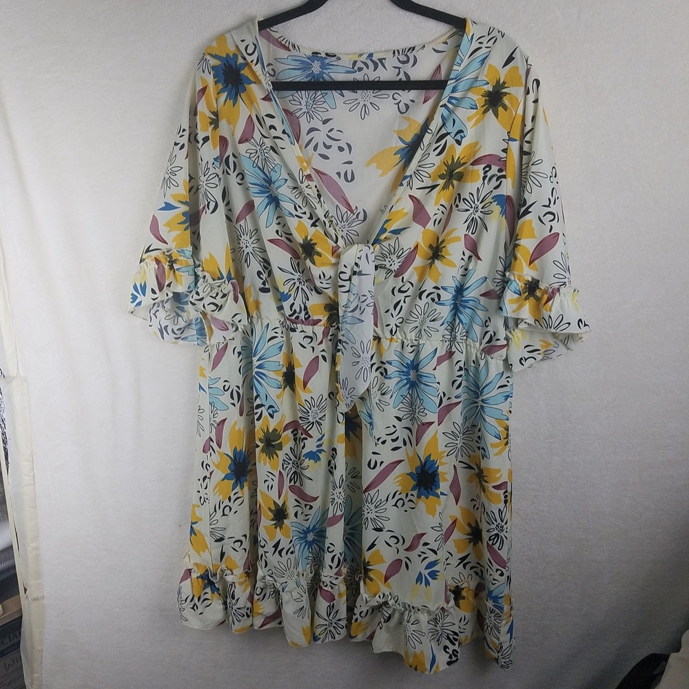 Curve Floral Mini Dress Womens 5XL Yellow Blue Ruffle Tie Front floaty